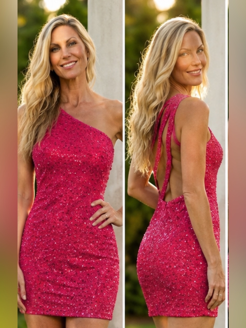 Hot Pink Sequin One Shoulder Mini Dress Open Back Multi Strap